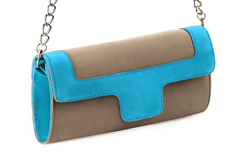 Women's tan beige and turquoise blue luxurious elegant clutch for ceremonies, weddings and evenings out. - Front view